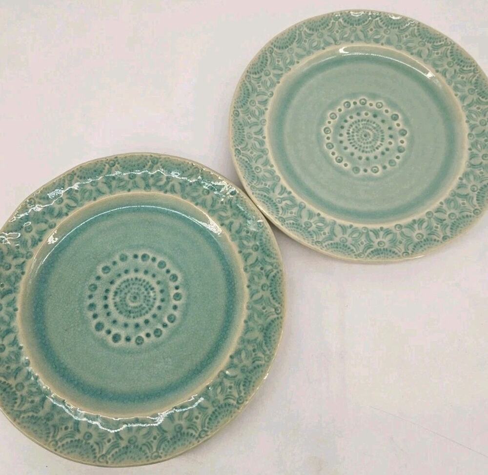 2 Anthropologie Old Havana Mint Green Salad Plate Crackle Glaze Stoneware 8.25"